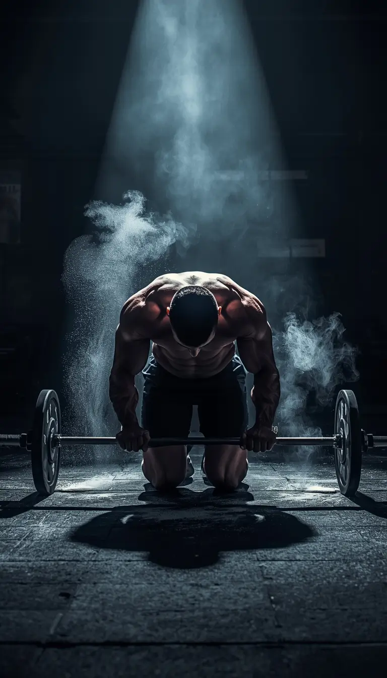 Deadlift workout wallpaper featuring muscular athlete preparing for heavy lift in cinematic gym lighting