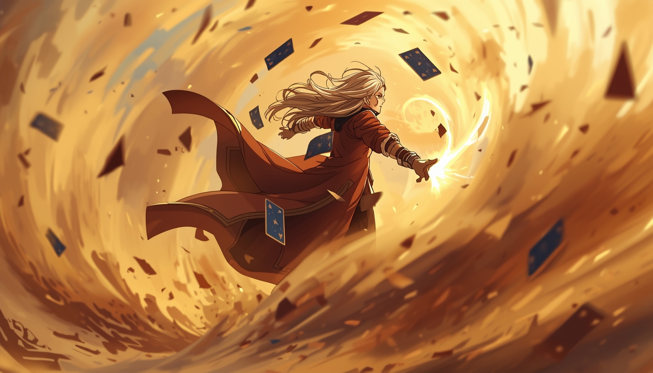 desert-gambit-wallpaper-4k-for-pc anime style Gambit creating energy blast in swirling sand storm with flying cards and cinematic golden background.