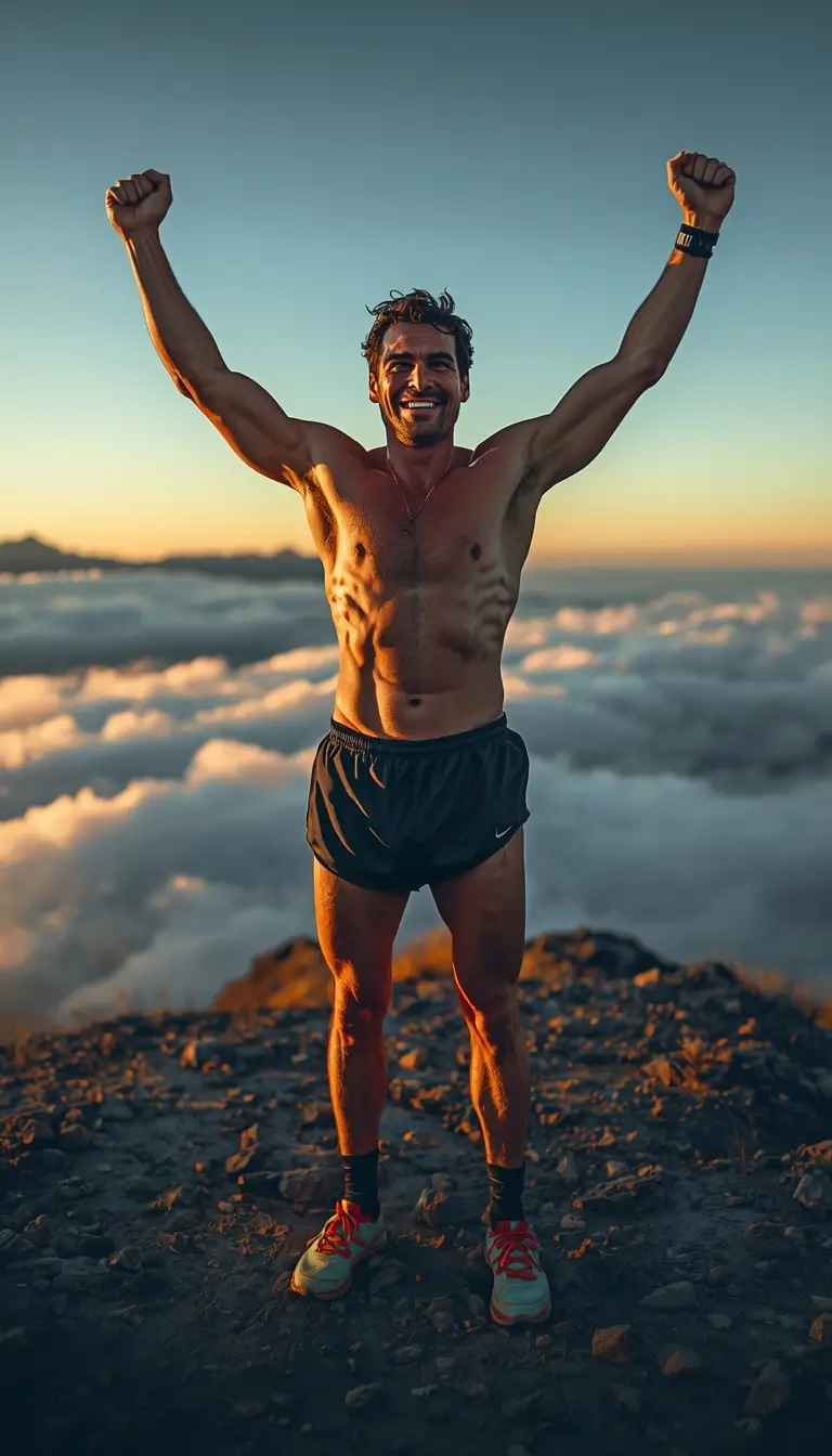 Fitness success wallpaper showing athlete celebrating on mountain peak above clouds at sunrise