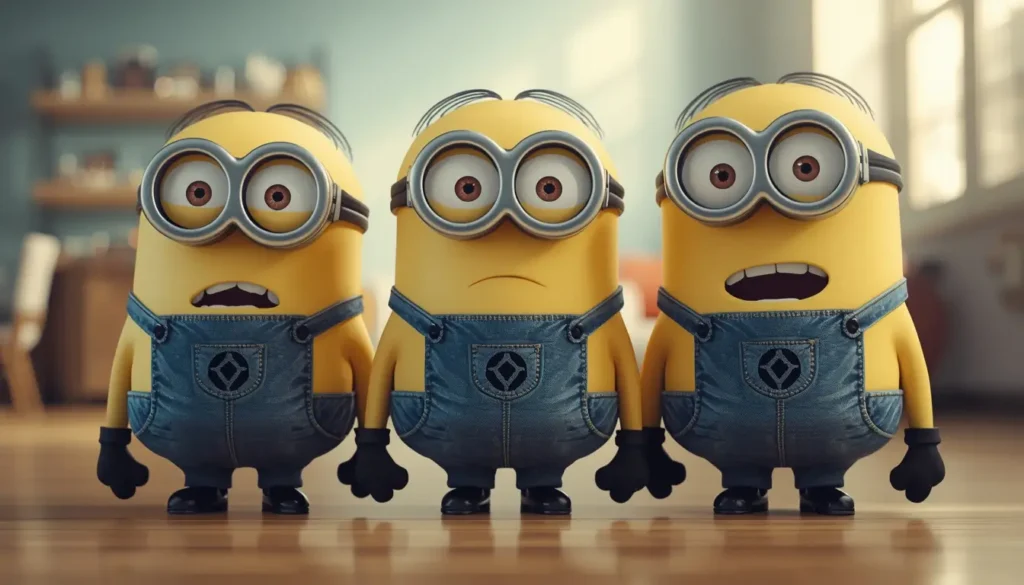 Three funny Minions standing indoors with surprised expressions creating a playful funny minion wallpapers background for desktop screens.