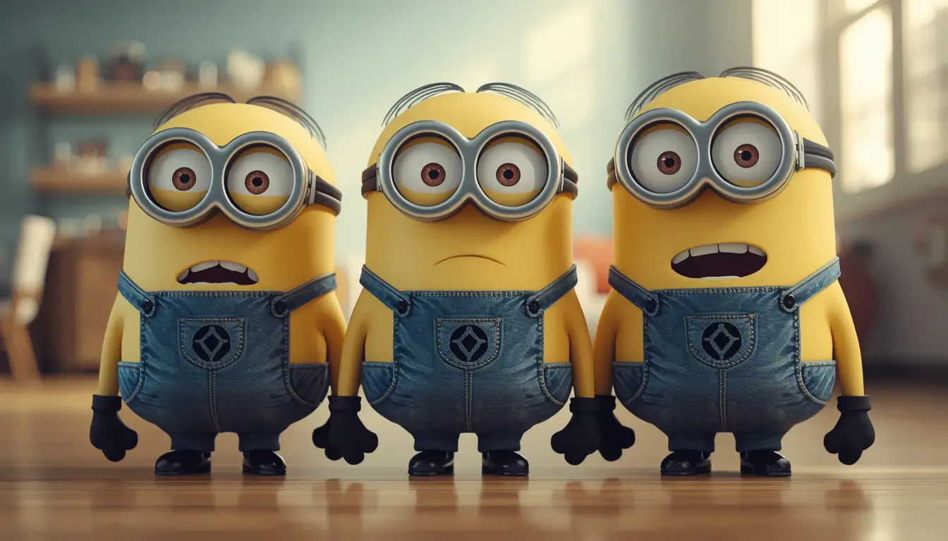 Three funny Minions standing indoors with surprised expressions creating a playful funny minion wallpapers background for desktop screens.