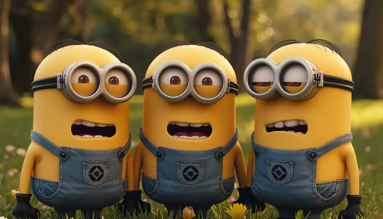 Three funny Minions standing outdoors with expressive faces creating a cheerful funny minion wallpapers background for desktop screens.
