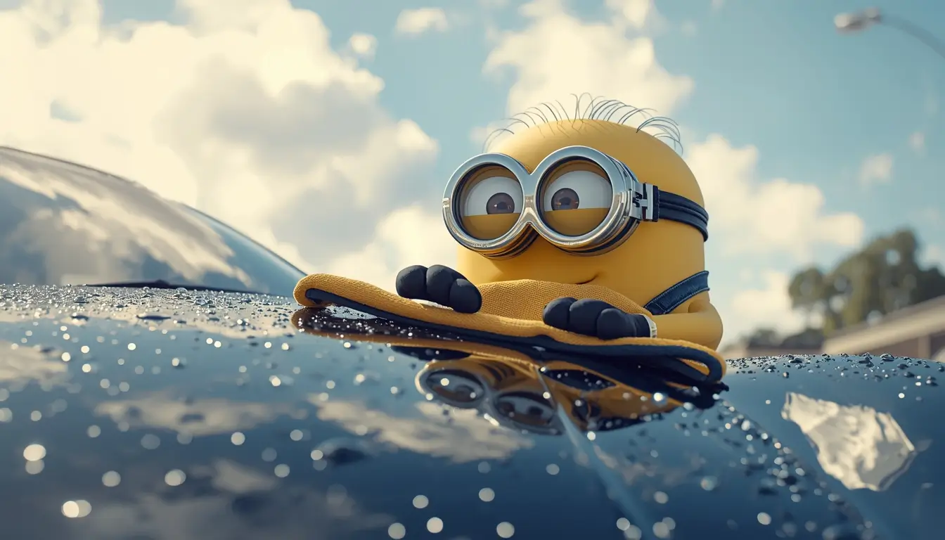 Funny Minion cleaning a shiny car with a cloth in daylight creating a bright and playful funny minion wallpapers background for desktop.
