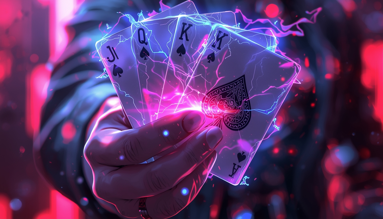 gambit-cards-wallpaper-4k-for-pc close up of hand holding glowing playing cards with neon purple energy sparks and cinematic anime style background.
