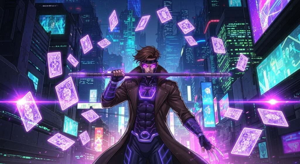 gambit-wallpaper-4k-for-pc anime style Gambit holding staff with glowing purple cards floating around in futuristic neon cyberpunk city background.