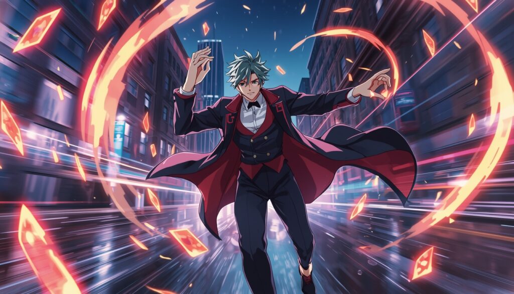 gambit-wallpaper-4k-for-pc anime style Gambit running in city street throwing glowing cards with motion blur and dynamic action effects in background.