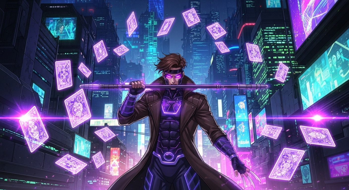 gambit-wallpaper-4k-for-pc anime style Gambit holding staff with glowing purple cards floating around in futuristic neon cyberpunk city background.