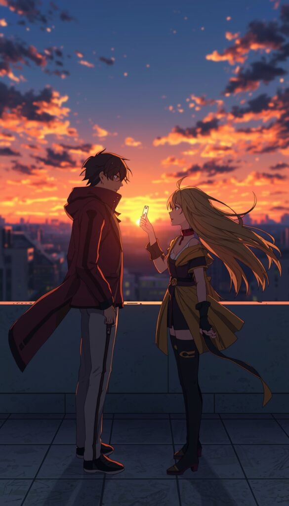gambit-wallpaper-4k-for-pc anime style Gambit and Rogue standing on rooftop at sunset with city skyline and warm sky in background creating emotional scene.