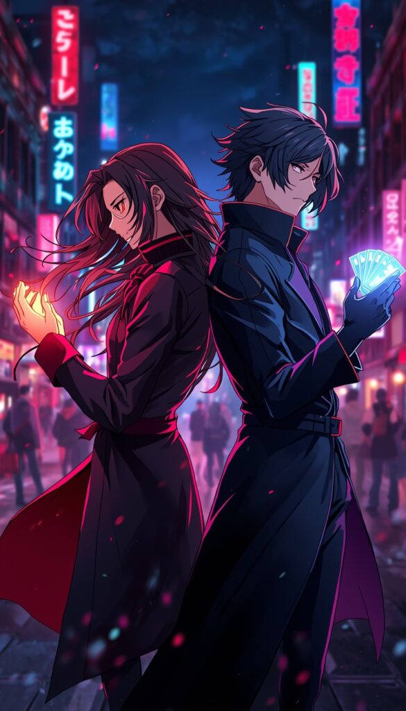 gambit-wallpaper-4k-for-pc anime style Gambit and Rogue standing back to back in neon city street with glowing lights and cinematic night background.