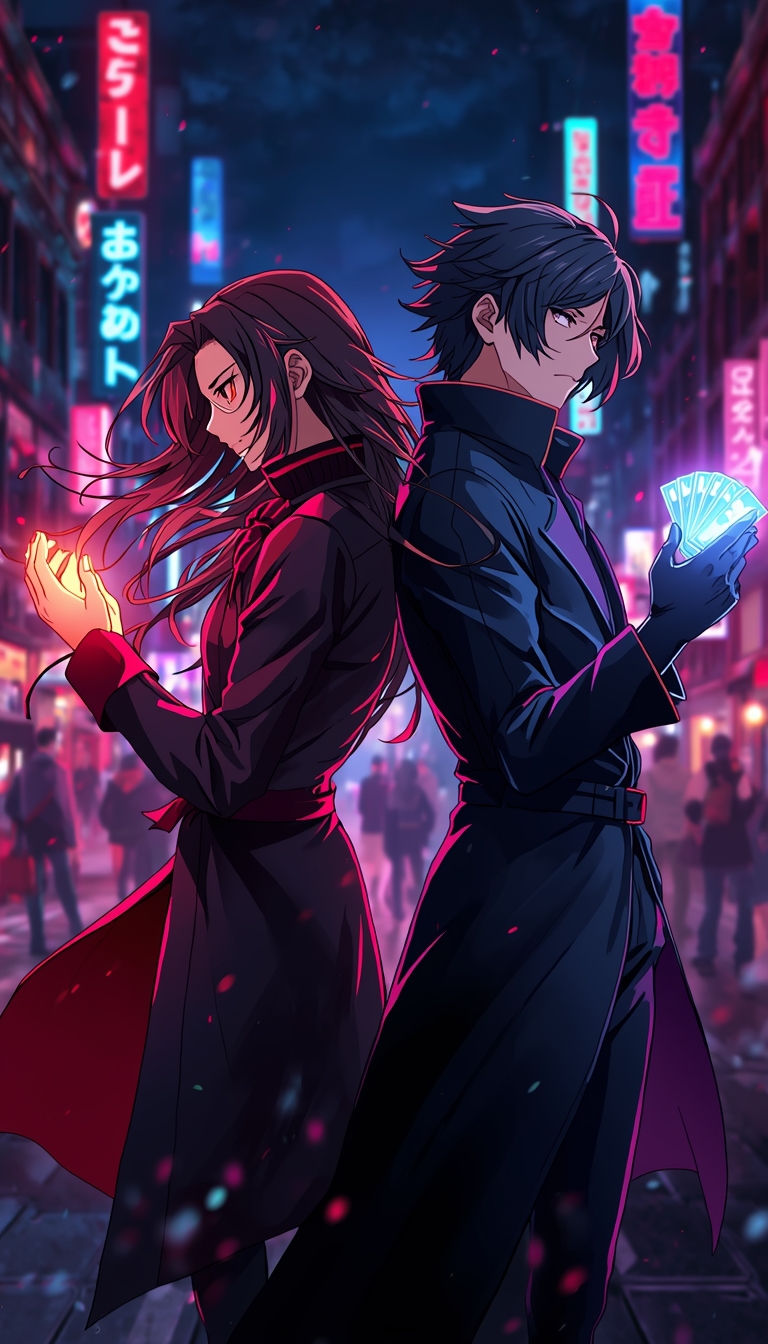 gambit-wallpaper-4k-for-pc anime style Gambit and Rogue standing back to back in neon city street with glowing lights and cinematic night background.