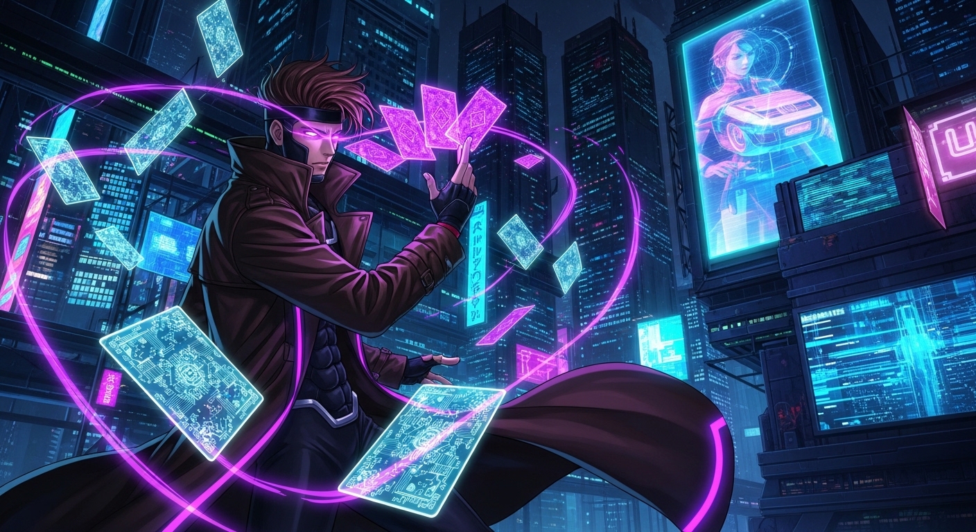 gambit-wallpaper-4k-for-pc anime style Gambit using glowing digital cards in futuristic cyberpunk city with neon lights and holographic screens in background.