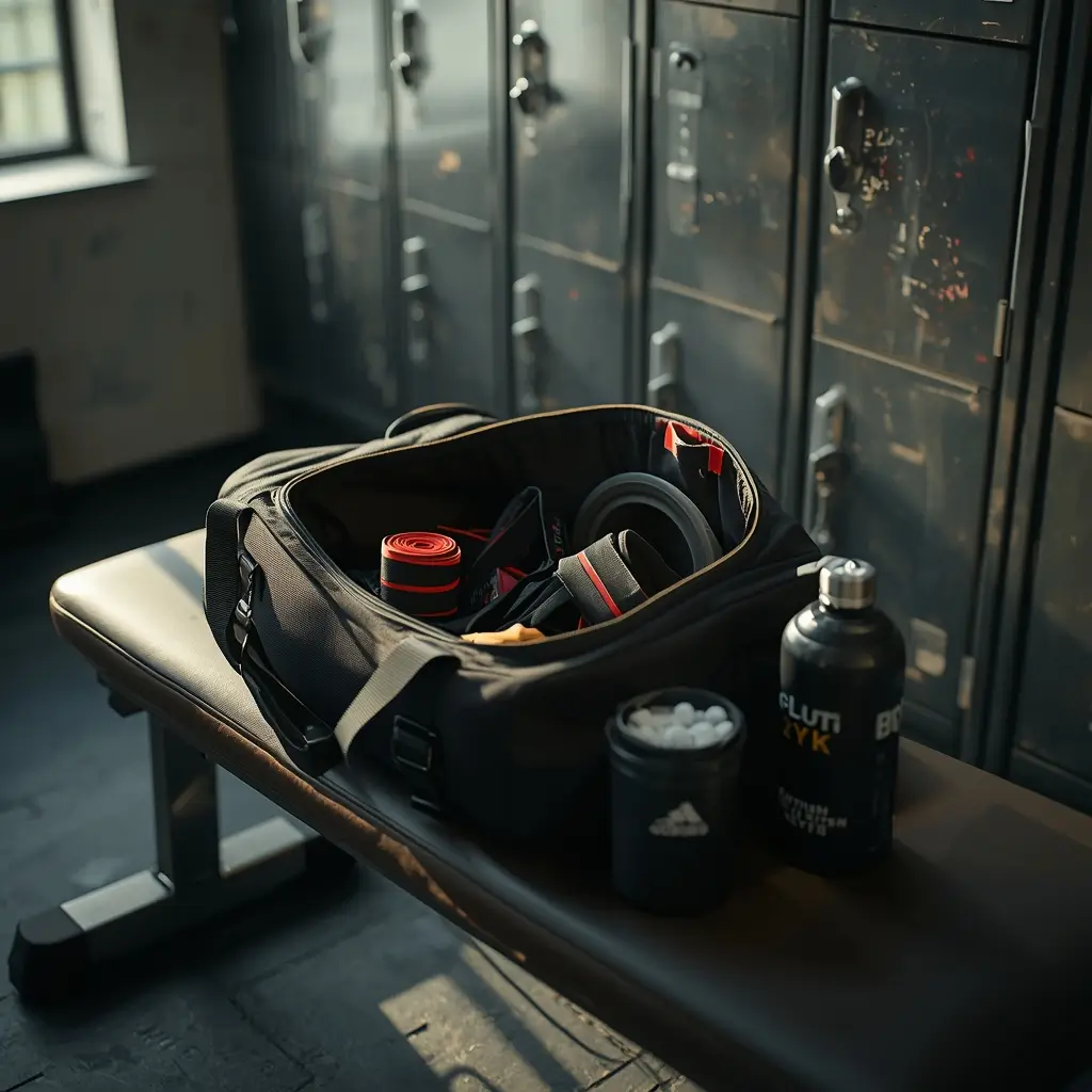 Gym motivation wallpaper showing an open gym bag with workout gear on a locker room bench symbolizing preparation and fitness routine