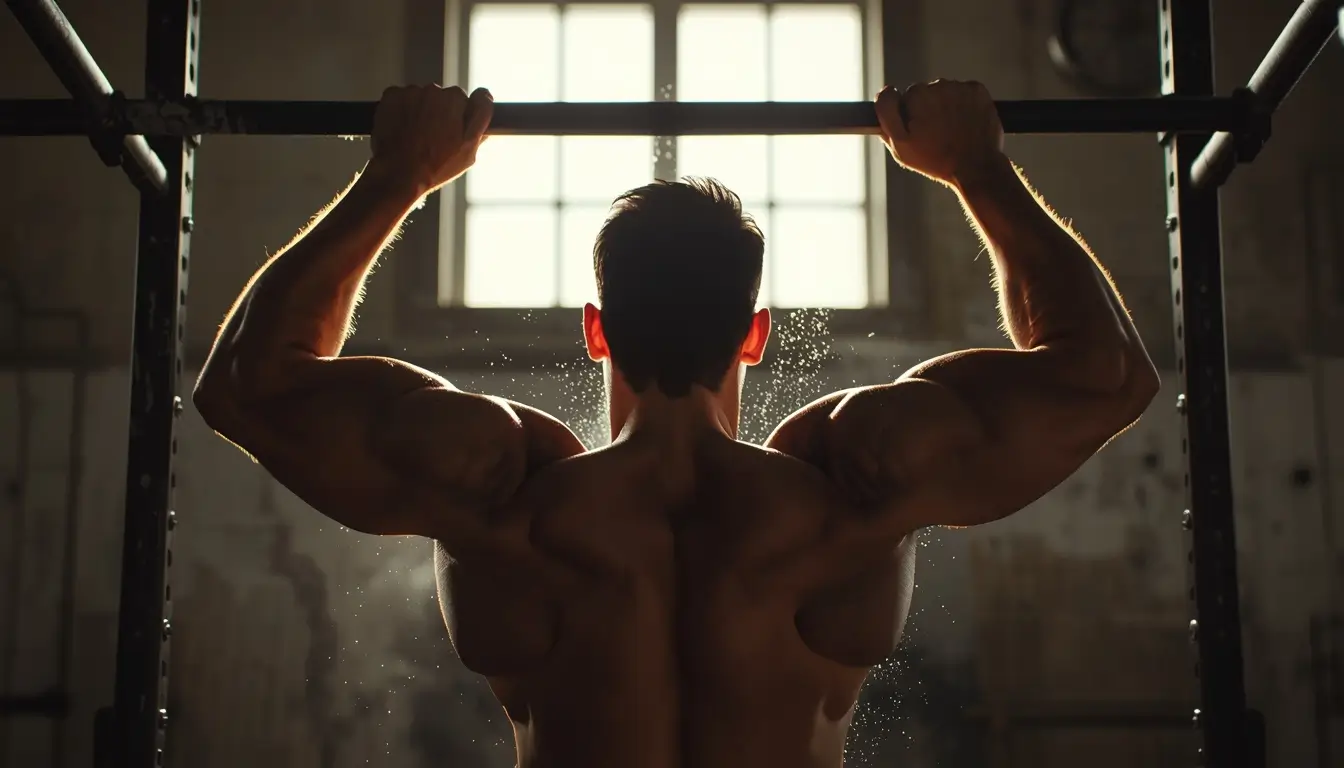 Gym motivation wallpaper showing athlete doing pull up highlighting back strength power and workout discipline