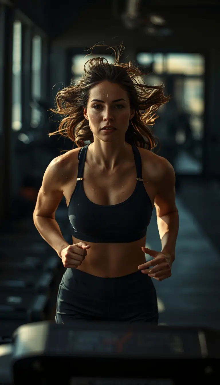 Gym motivation wallpaper showing athlete running on treadmill with focus energy and workout determination