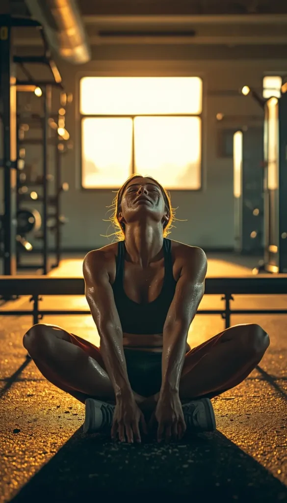 Gym motivation wallpaper showing athlete stretching after workout symbolizing recovery focus and discipline