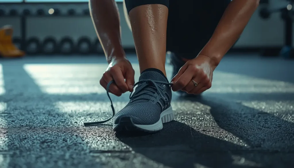Gym motivation wallpaper showing an athlete tying shoelaces in a gym symbolizing preparation focus and fitness discipline