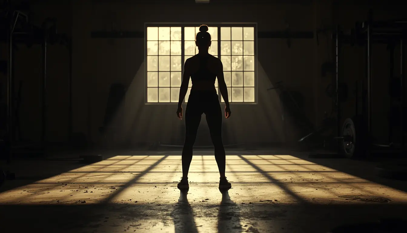 This gym motivation wallpaper features a powerful silhouette of a female athlete standing confidently in a sunlit gym. The dramatic light rays and strong stance represent confidence, discipline, and inner strength. The minimal yet intense environment reflects focus and determination, making it perfect for fitness enthusiasts seeking a motivational wallpaper for gym inspiration on desktop or mobile screens.
