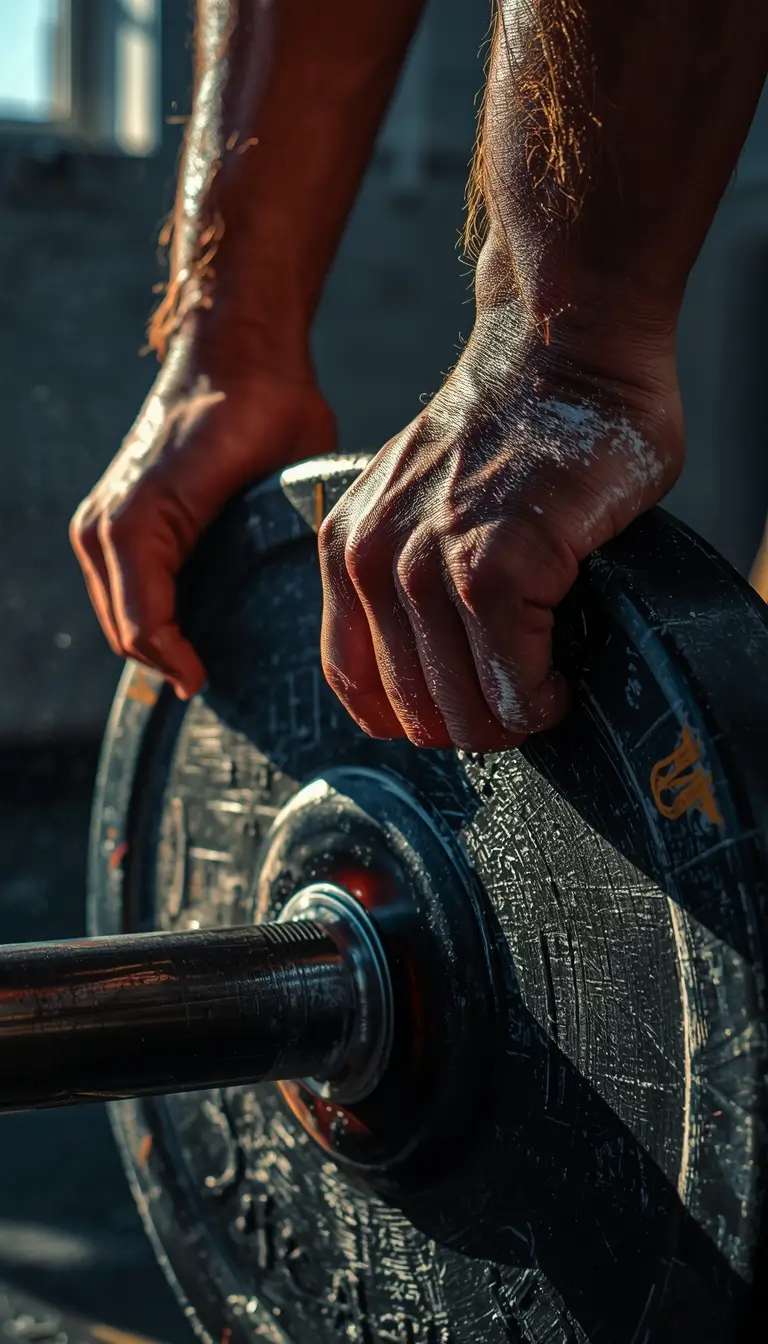 Gym motivation wallpaper showing hands gripping a weight plate on a barbell reflecting strength effort and workout intensity