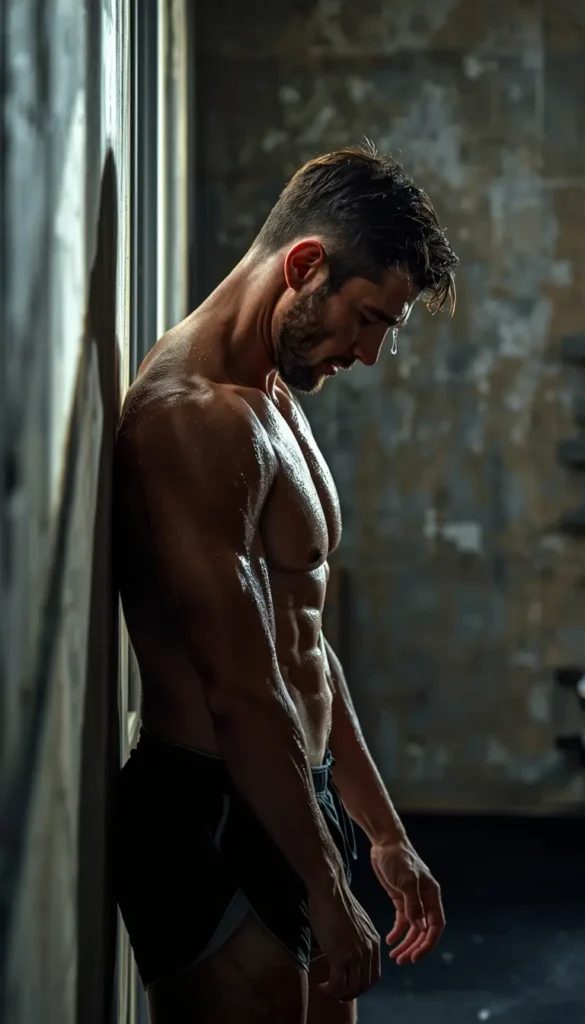 Gym motivation wallpaper showing a sweaty athlete leaning against a wall after workout reflecting focus strength and recovery