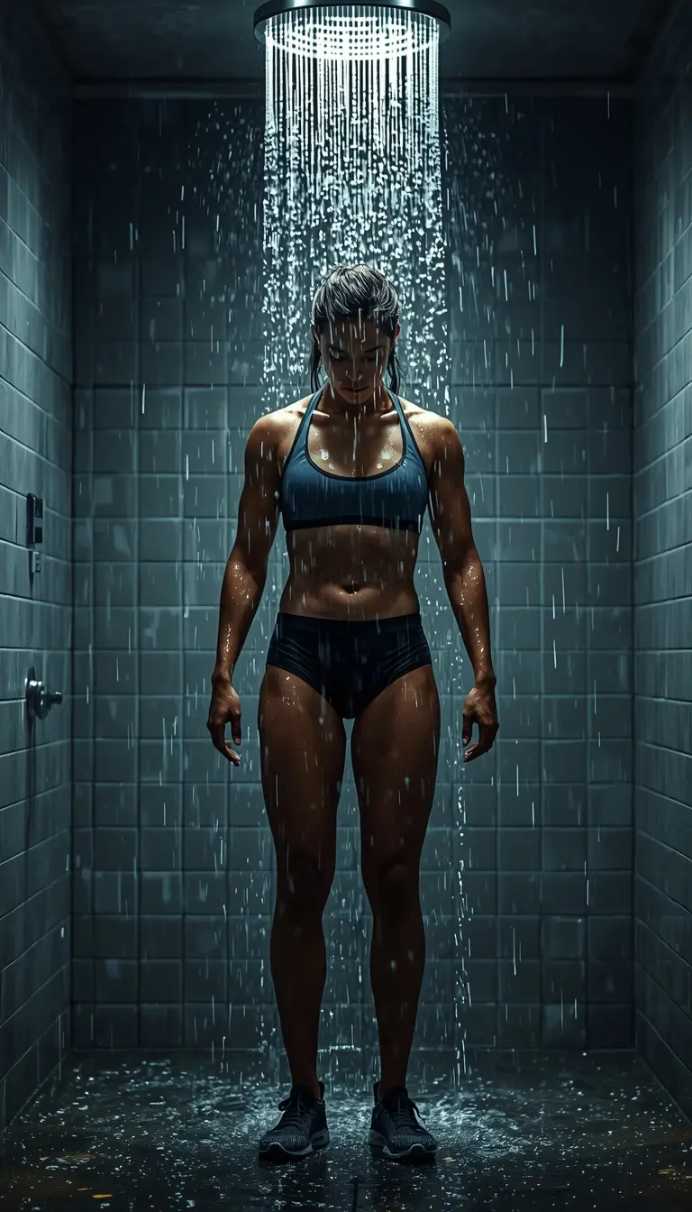 Gym motivation wallpaper showing strong athlete standing under shower after workout symbolizing recovery strength and discipline