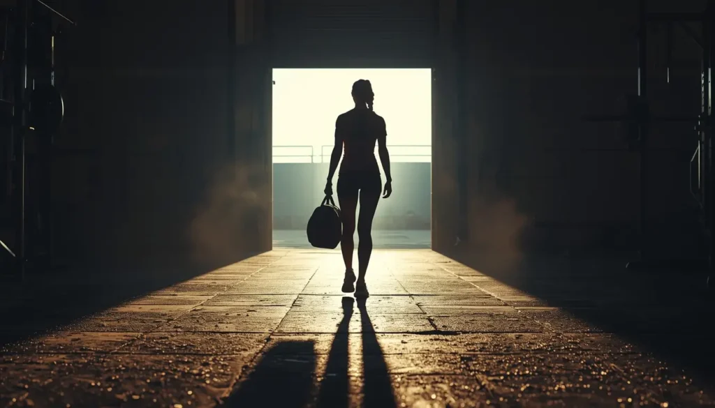 Gym motivation wallpaper showing athlete silhouette walking toward light with gym bag symbolizing discipline and progress