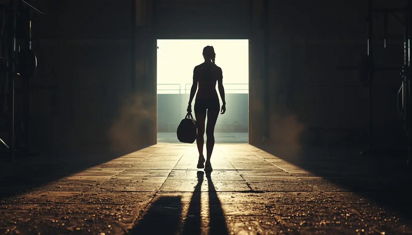 Gym motivation wallpaper showing athlete silhouette walking toward light with gym bag symbolizing discipline and progress