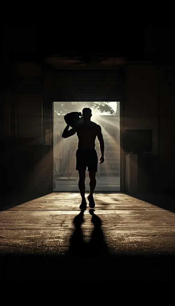 Gym motivation wallpaper showing athlete entering gym with bag silhouette symbolizing discipline focus and new beginnings
