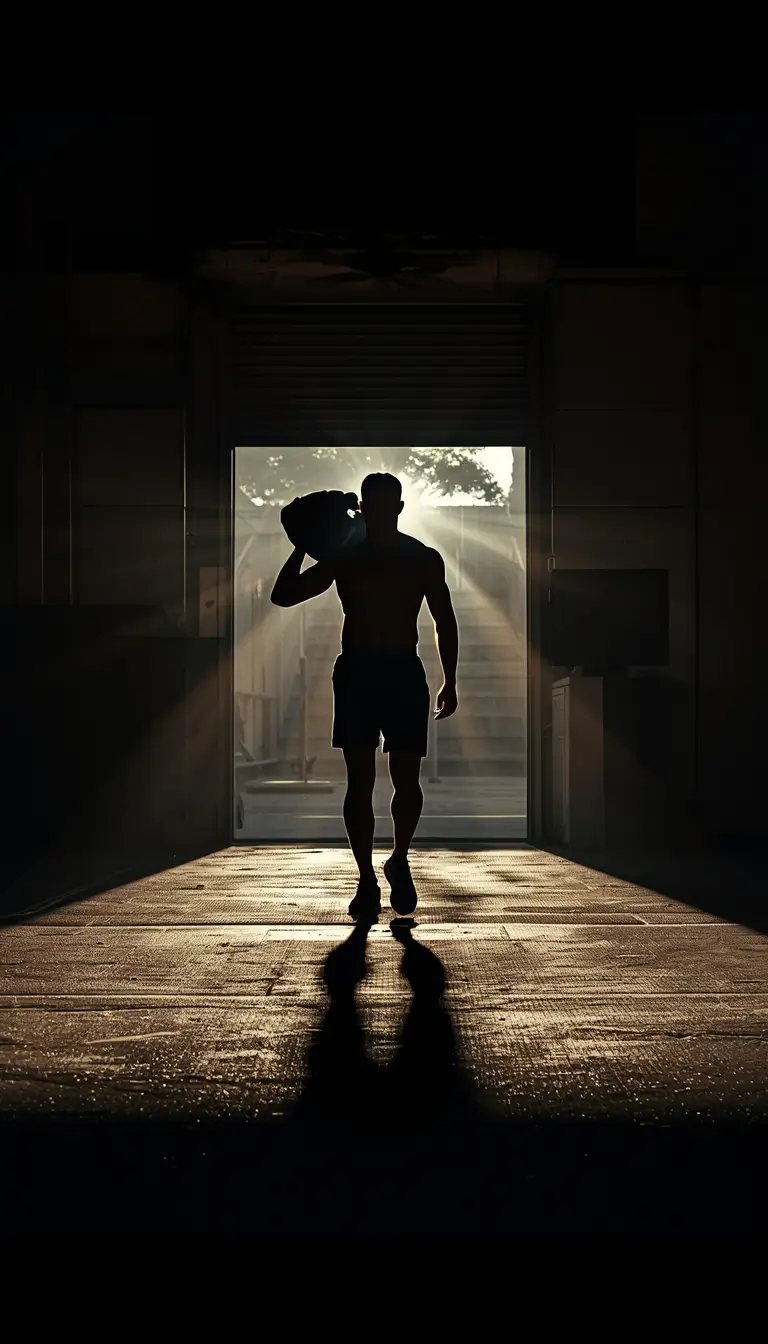 Gym motivation wallpaper showing athlete entering gym with bag silhouette symbolizing discipline focus and new beginnings