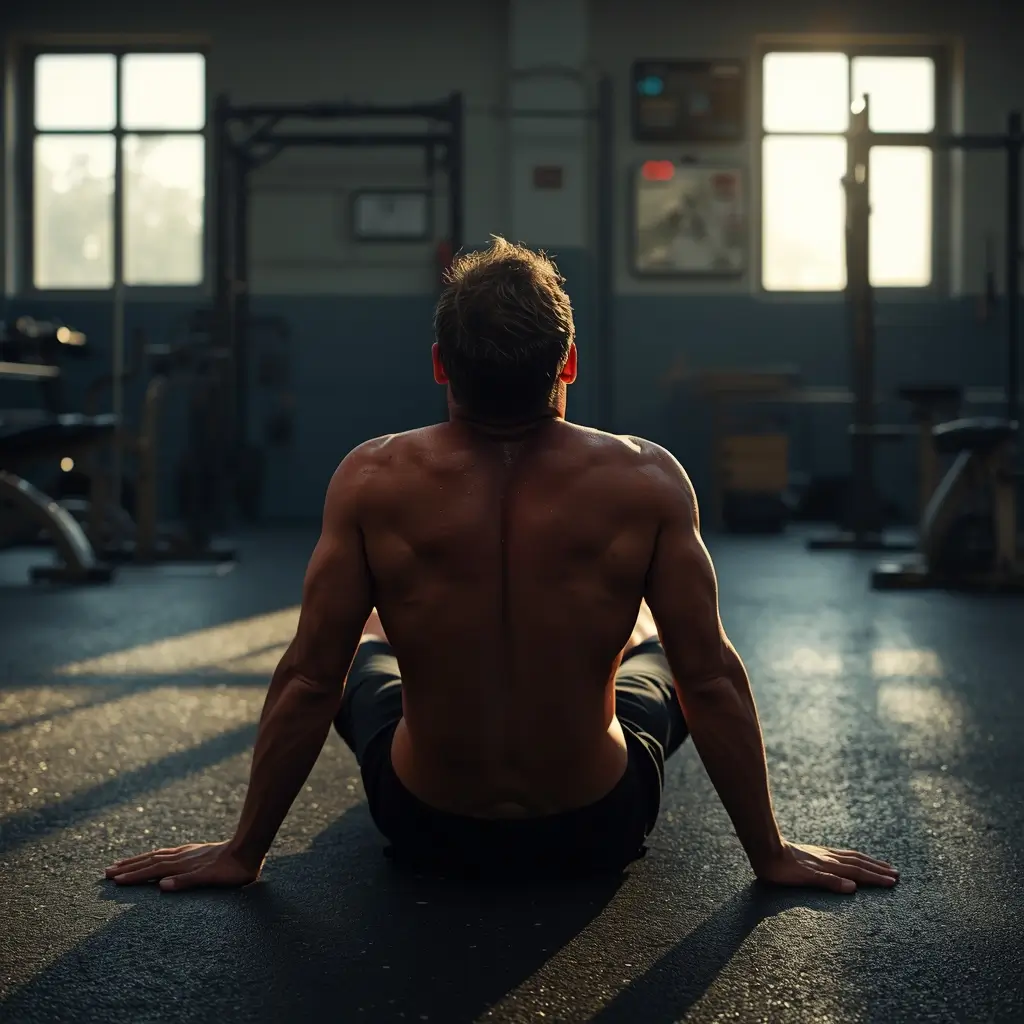 Gym motivation wallpaper showing an athlete sitting on gym floor after workout reflecting recovery strength and discipline