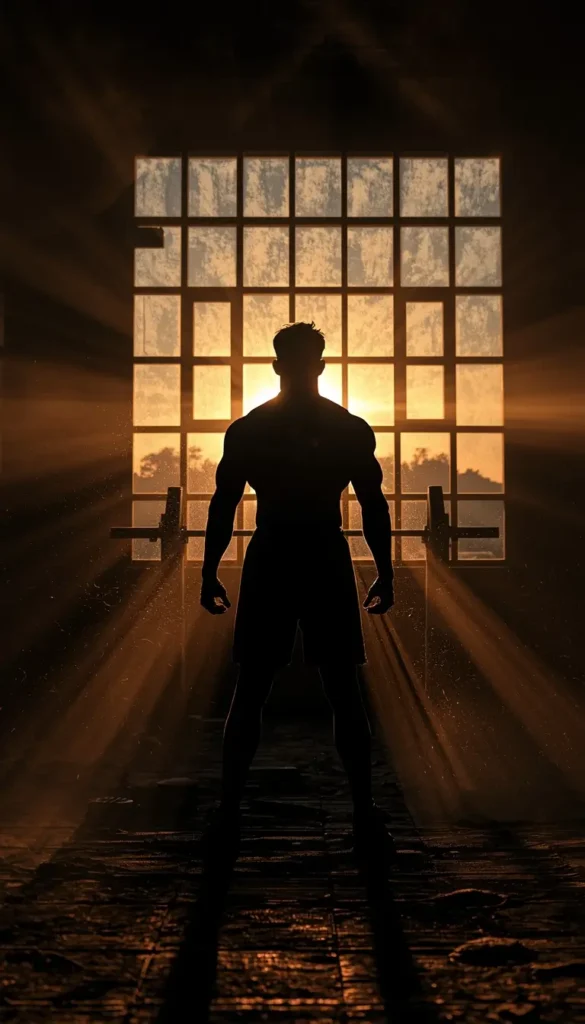 Gym motivational wallpaper showing a strong athlete silhouette with sunlight rays in a gym symbolizing strength and determination