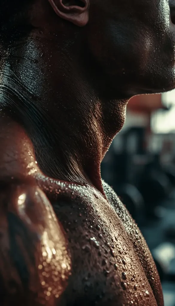 Gym motivational wallpaper showing a close up of a sweaty neck and shoulders reflecting intense workout effort and dedication