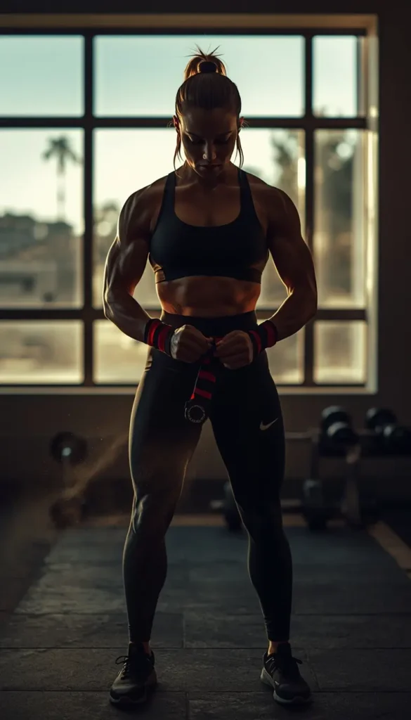 Gym motivational wallpaper showing a strong female athlete preparing for workout in a sunlit gym reflecting strength and determination