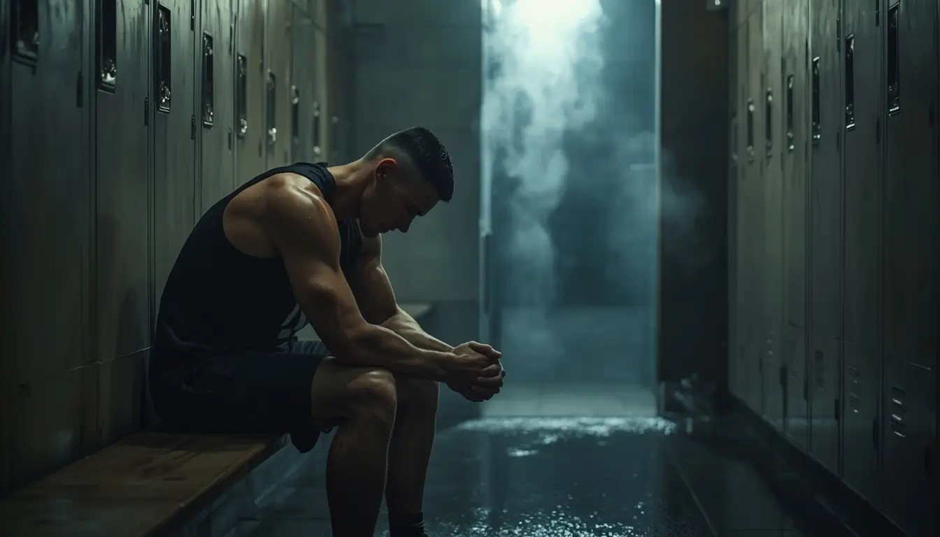 Gym recovery wallpaper showing athlete resting in dark locker room after intense training session