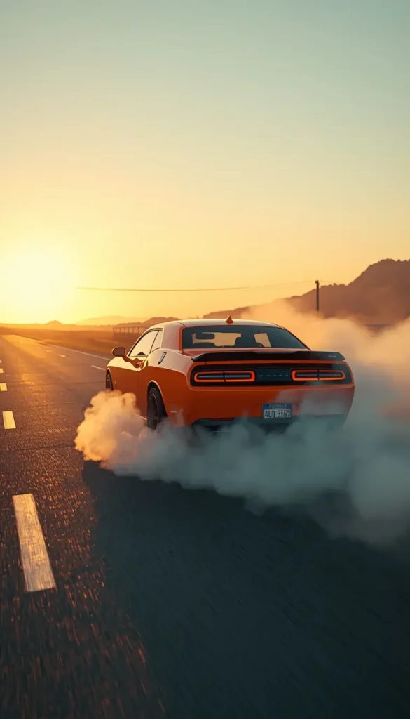 An orange muscle car doing a burnout on an empty highway at sunset with smoke and dramatic lighting - iphone-car-wallpaper