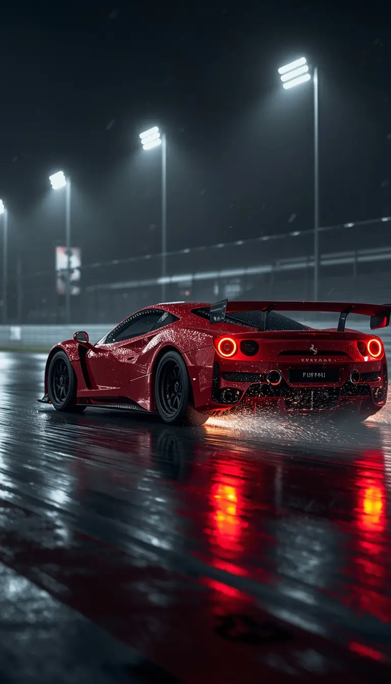 Red sports car drifting on wet track at night with reflections - iphone-car-wallpaper