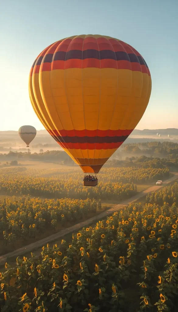 Hot air balloon flying over sunflower fields at sunrise, iphone wallpapers summer aesthetic background