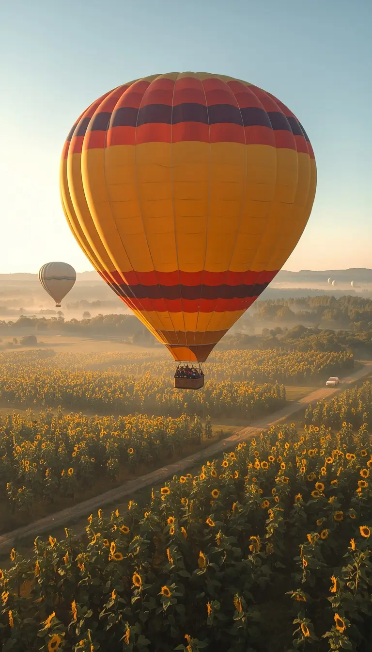Hot air balloon flying over sunflower fields at sunrise, iphone wallpapers summer aesthetic background
