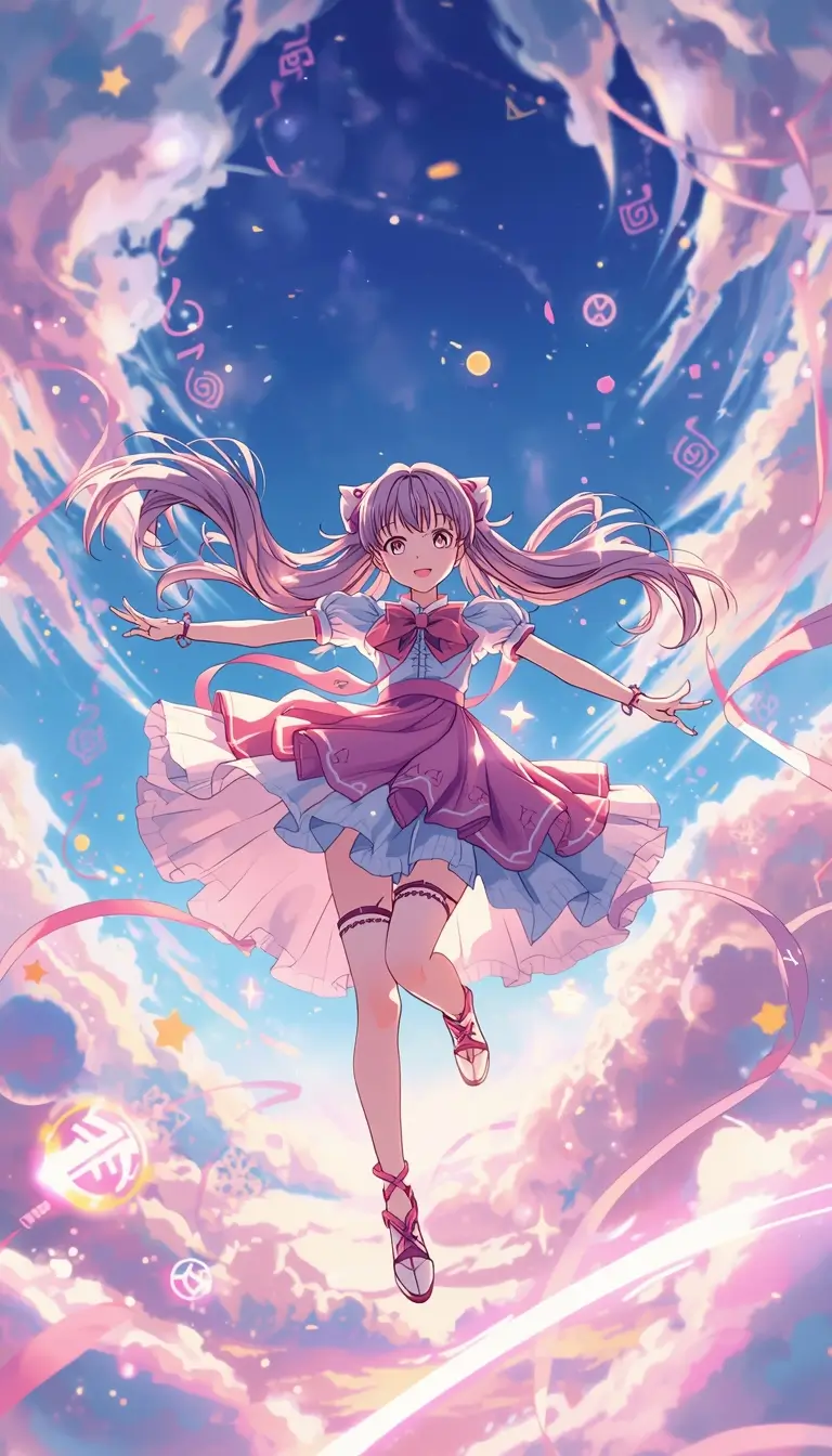 Madoka Kaname floating in a magical sky with glowing symbols and clouds, madoka 4k live wallpaper in high resolution.
