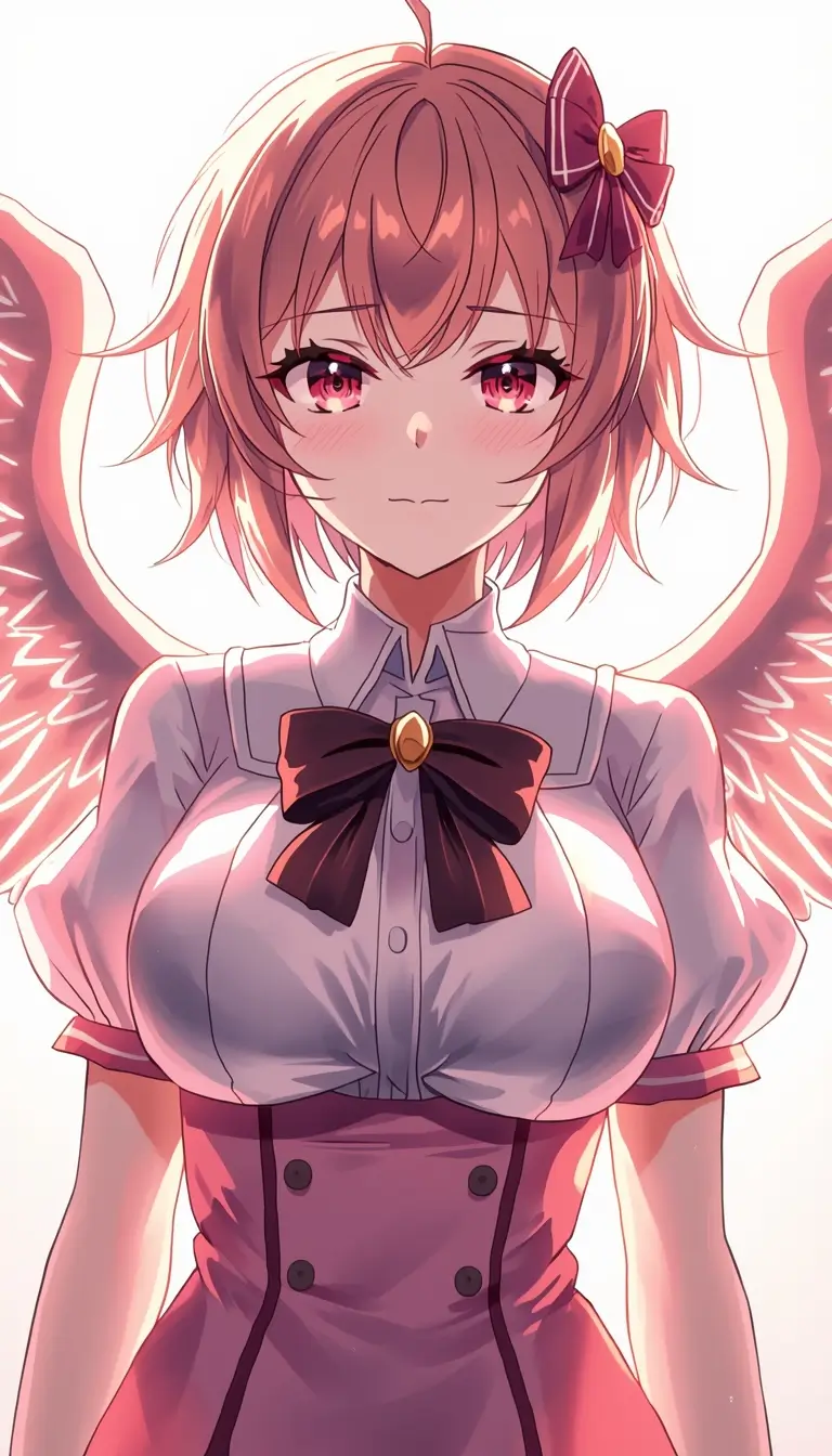 Madoka Kaname with glowing angel wings and soft pink aura, madoka kaname wallpaper in high resolution.