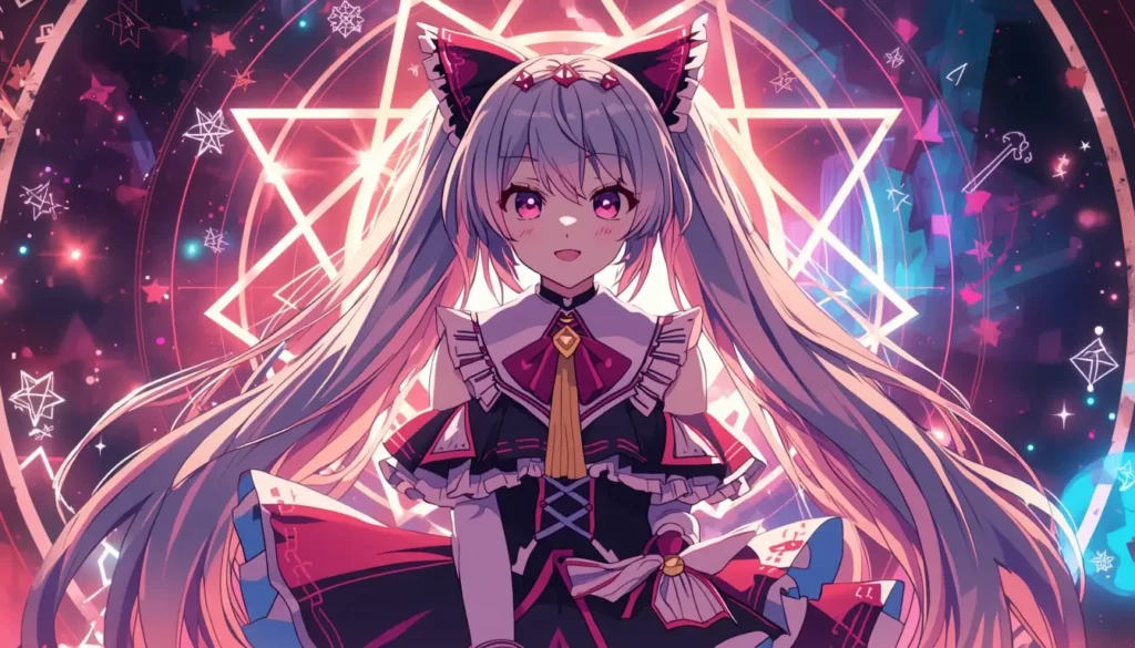 Madoka Kaname with glowing magical circle and colorful background, madoka kaname wallpaper in high resolution.
