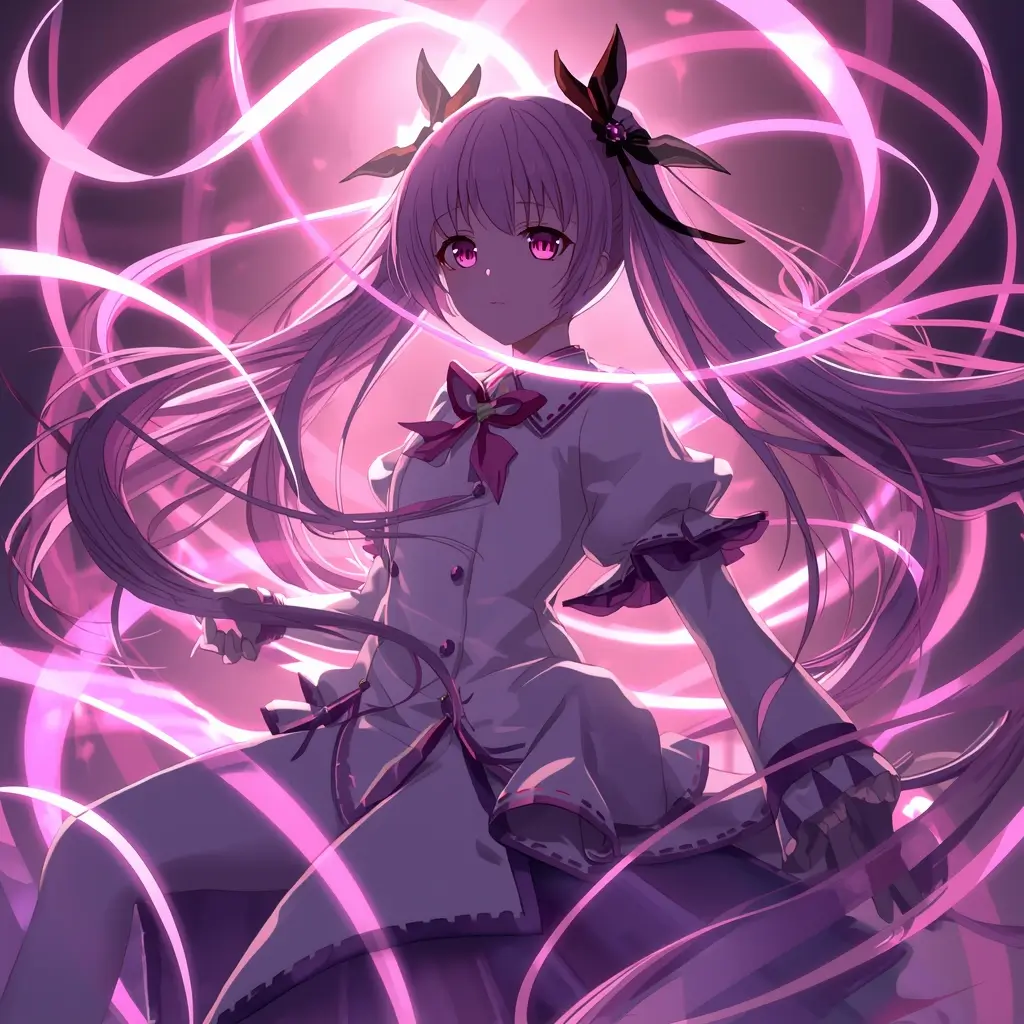 Madoka Kaname surrounded by glowing pink energy ribbons and magical light, madoka kaname wallpaper in high resolution.