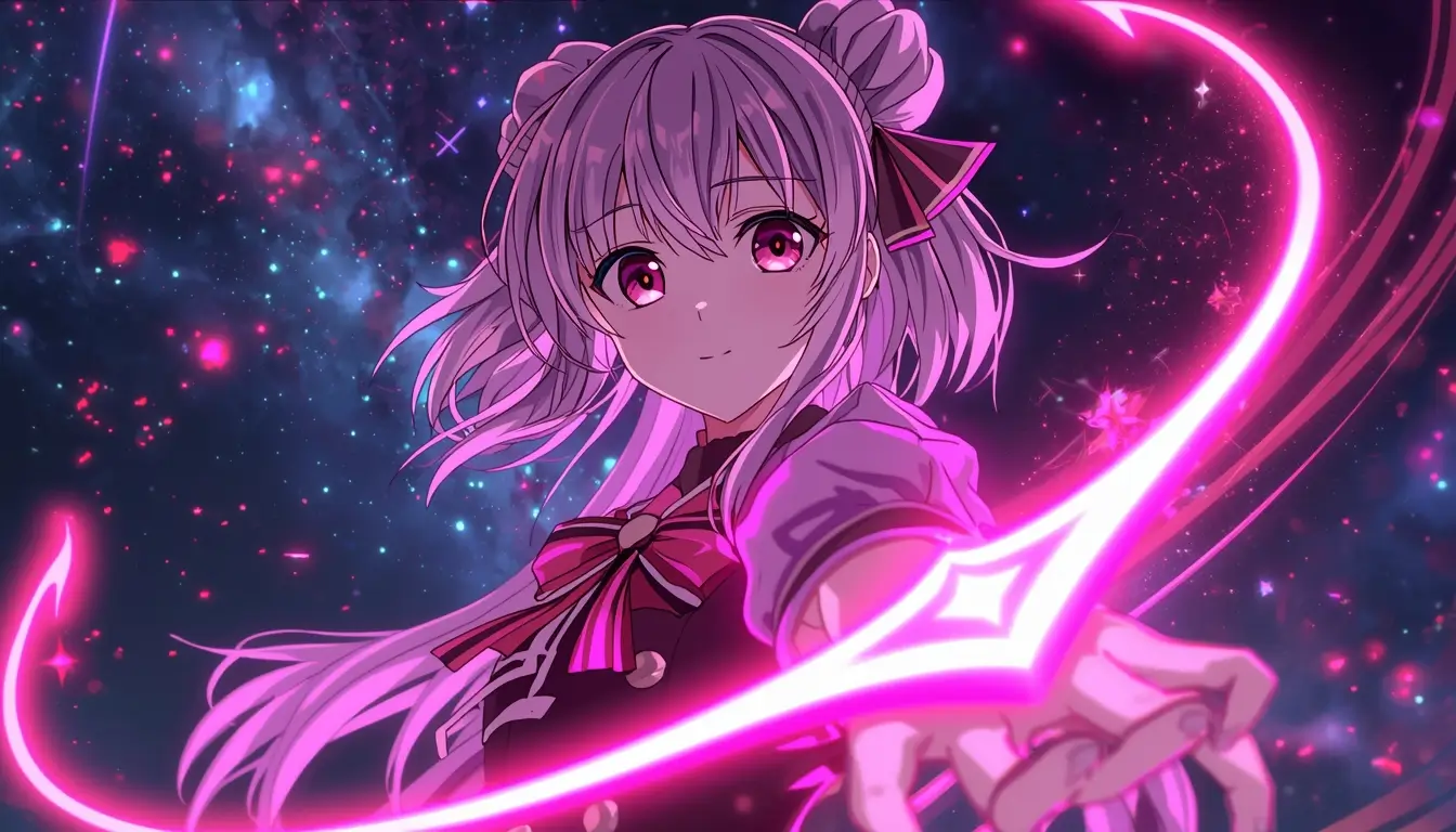Madoka Kaname holding a glowing magical weapon with cosmic background, madoka kaname wallpaper in high resolution.
