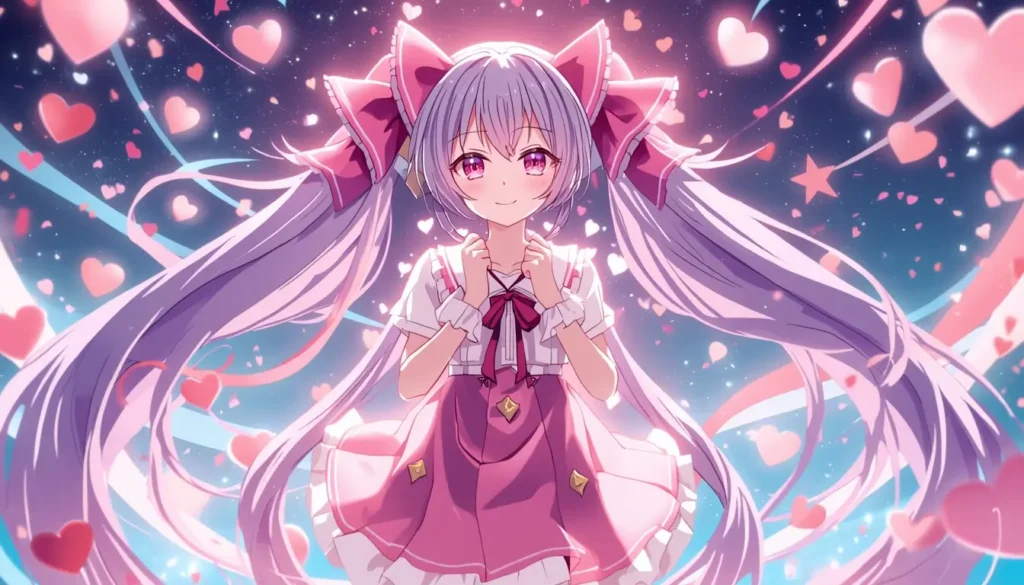 Madoka Kaname surrounded by glowing hearts and pastel lights, madoka kaname wallpaper in high resolution.