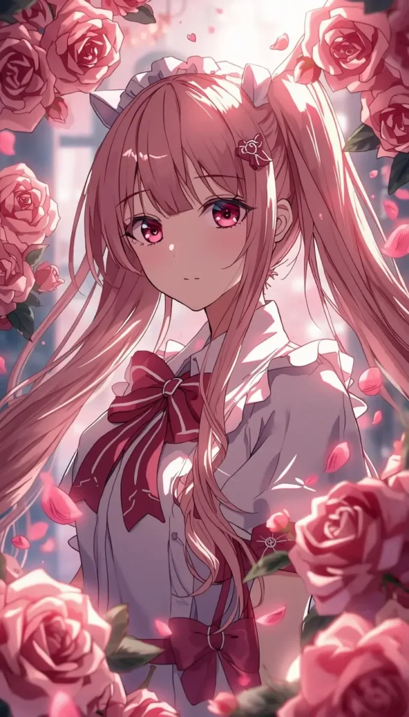 Madoka Kaname surrounded by blooming roses and petals, madoka kaname wallpaper in high resolution.