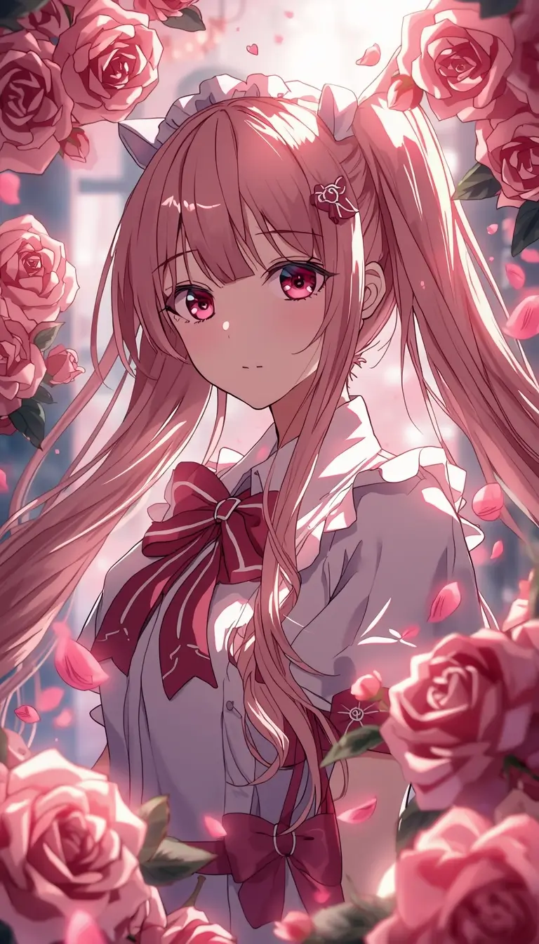 Madoka Kaname surrounded by blooming roses and petals, madoka kaname wallpaper in high resolution.