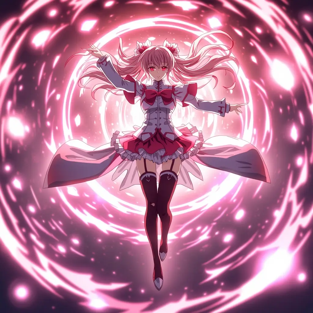 Madoka Kaname glowing with magical energy in a pink aura circle, madoka kaname wallpaper in high resolution.