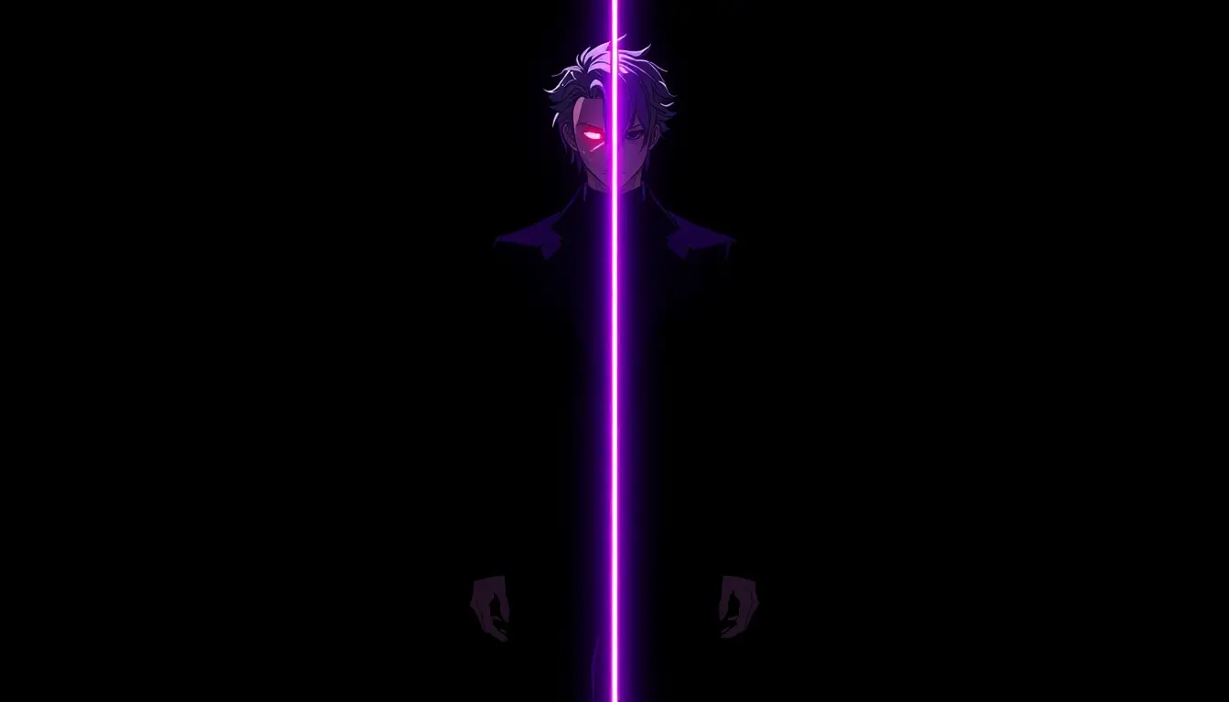 Dark anime character with glowing red eye and purple neon line, madoka magica wallpaper style on black background.