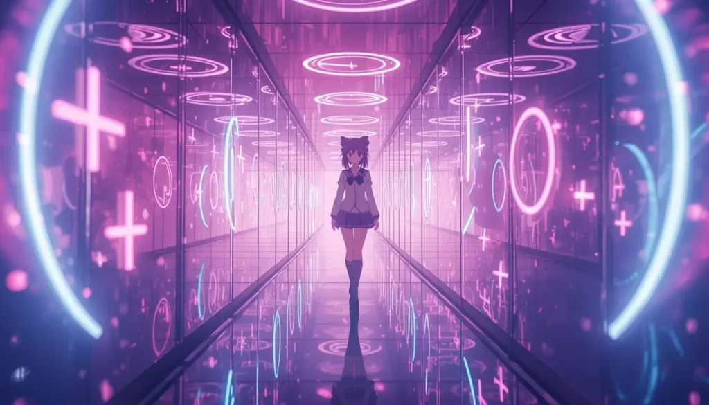 Madoka Kaname walking in a neon glass corridor with glowing symbols, madoka magica wallpaper in high resolution.