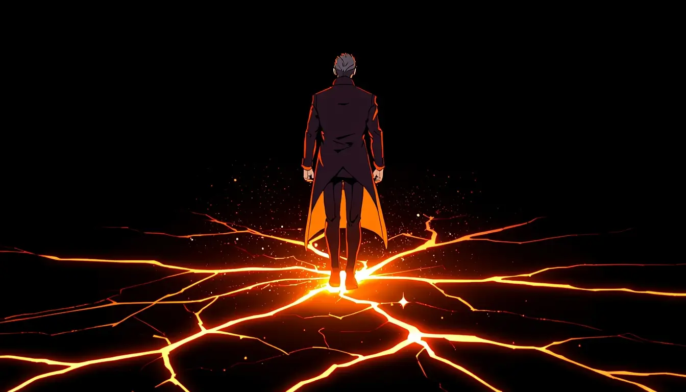 Anime character walking on glowing cracked lava ground, madoka magica wallpaper style with fiery energy on dark background.