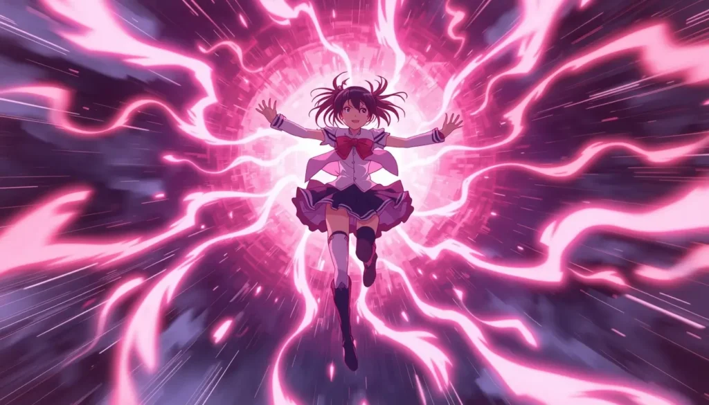 Madoka Kaname surrounded by bright pink energy waves in action, madoka magica wallpaper in high resolution.